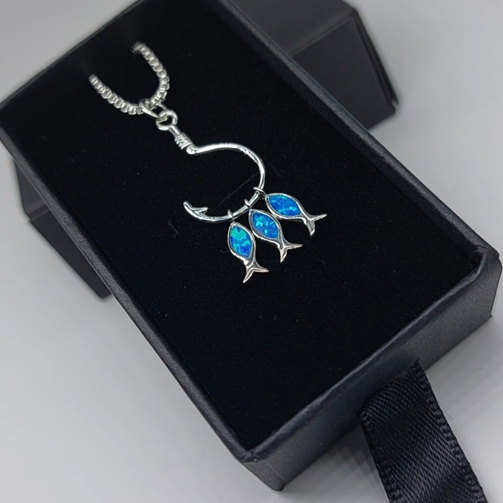 Fishing Hook Necklace with 3 Blue Opal Inlay Fish, Sterling Silver 925 Stamped